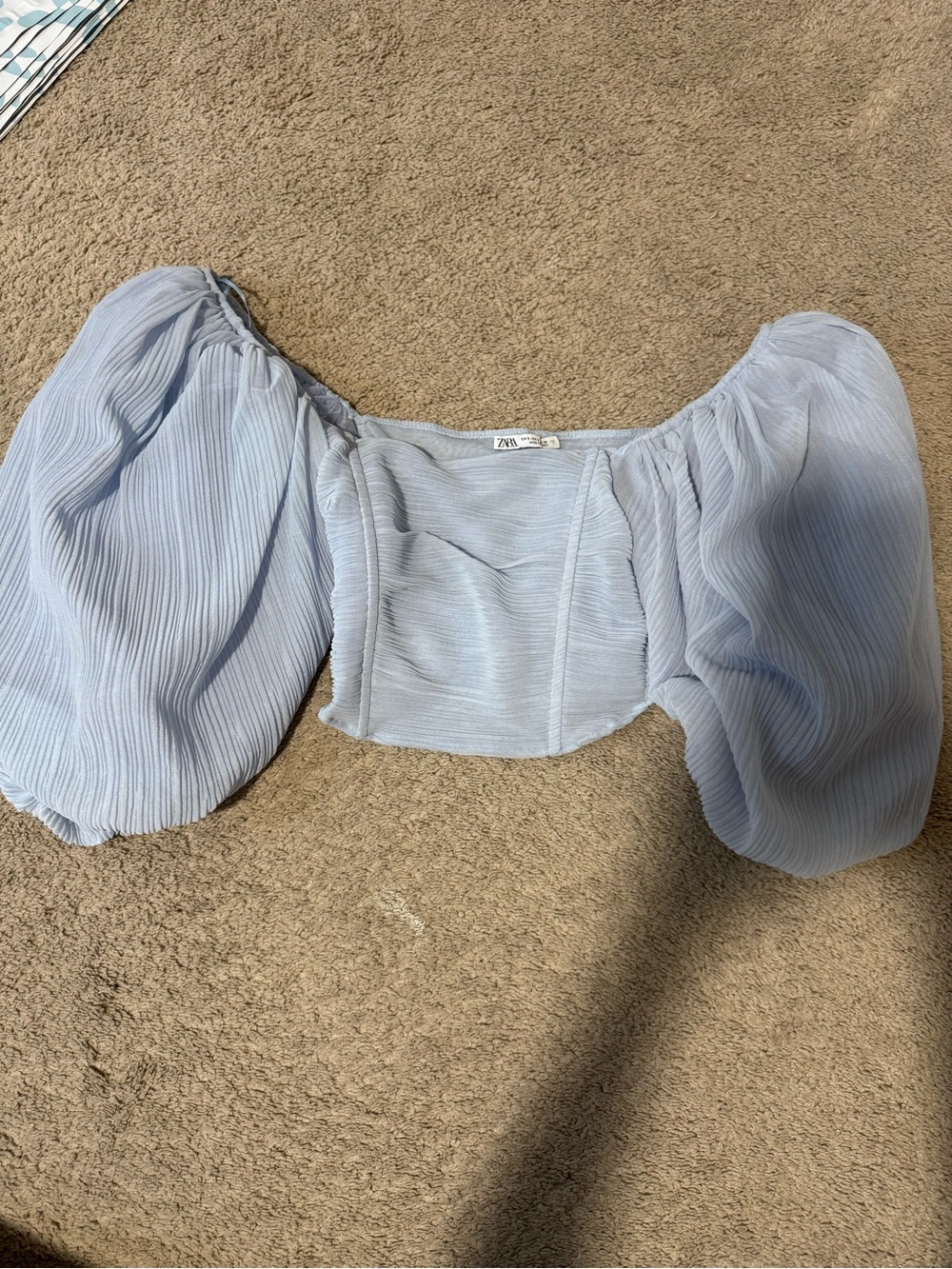 Zara Off-Shoulder Light Blue Puff Sleeve Cropped Top - Picture 3 of 5